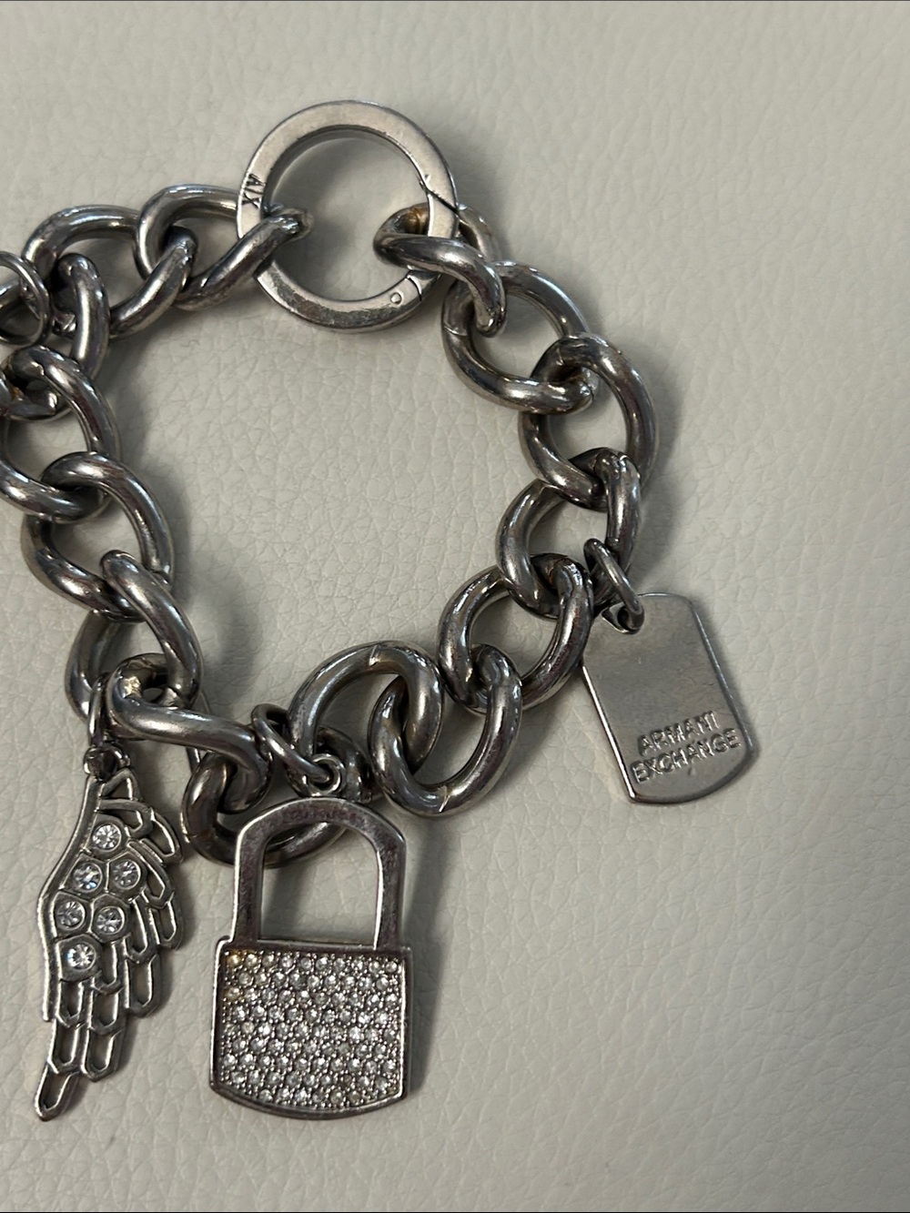 Armani Exchange Silver-Tone Charm Bracelet with Pavé Padlock and Wing
